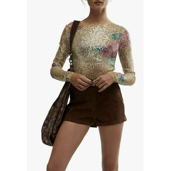 Free People Gold Rush Sequin Floral Medium Long Sleeve Top NWT - Picture 4 of 8